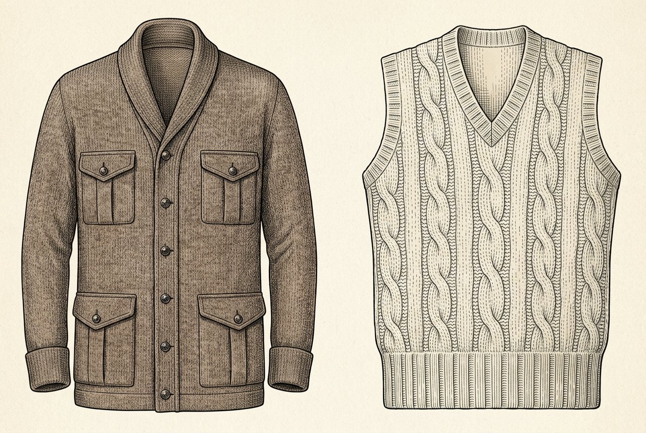 Illustration of a 1920s four-pocket knit sweater-coat with a shawl collar and buttoned pocket flaps, beside a 1940s-style cable-knit sweater vest