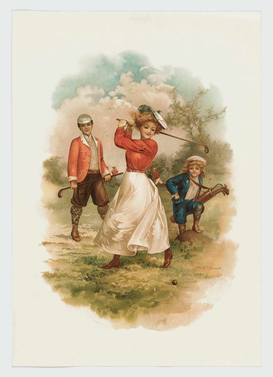 Ellen Clapsaddle illustration of a woman driving in a long white skirt and red jacket, with two boys caddying