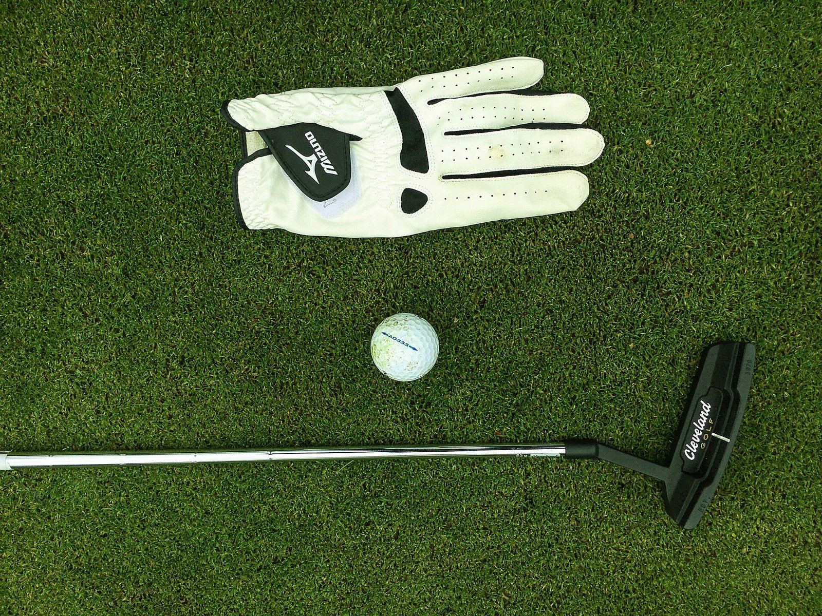A white leather golf glove on the green beside a ball and putter