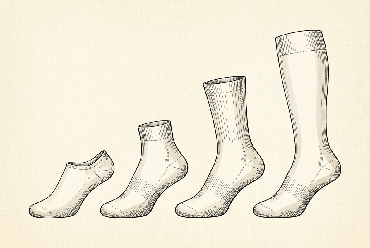 Illustration of four white golf socks from shortest to tallest: no-show, ankle, crew and knee-high