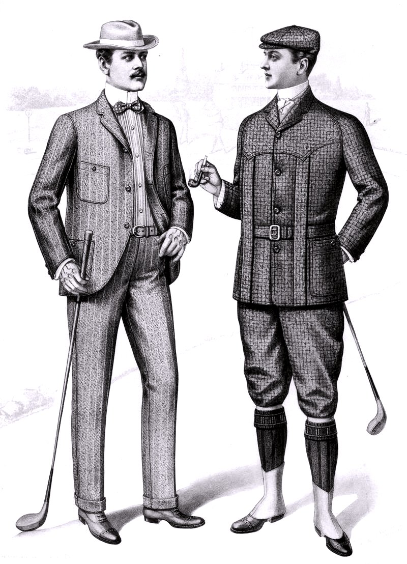 1901 fashion plate of two men's golf outfits: a tweed suit with trousers, and a belted Norfolk jacket with knickers and dark stockings